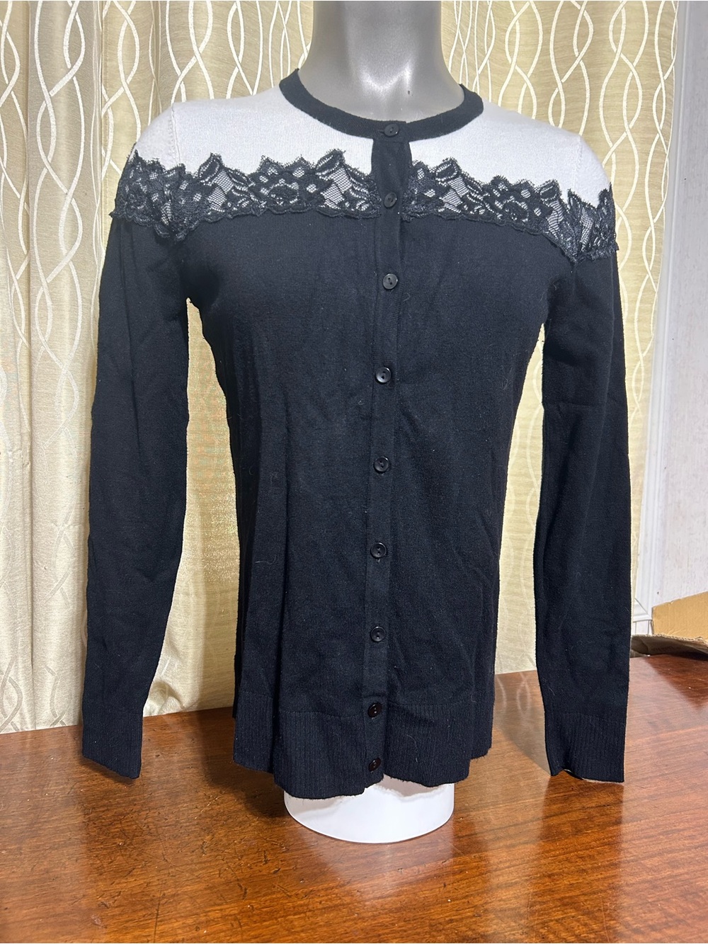 Ricki's Black Cardigan with White Lace Yoke
